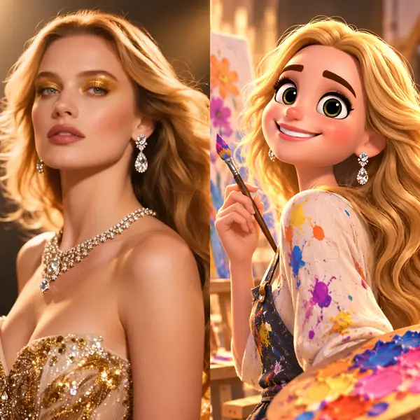 A creator portrait beside a bright illustrated interpretation of the same person