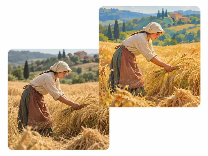 A woman gathering grain in a field shown in natural and painterly visual styles